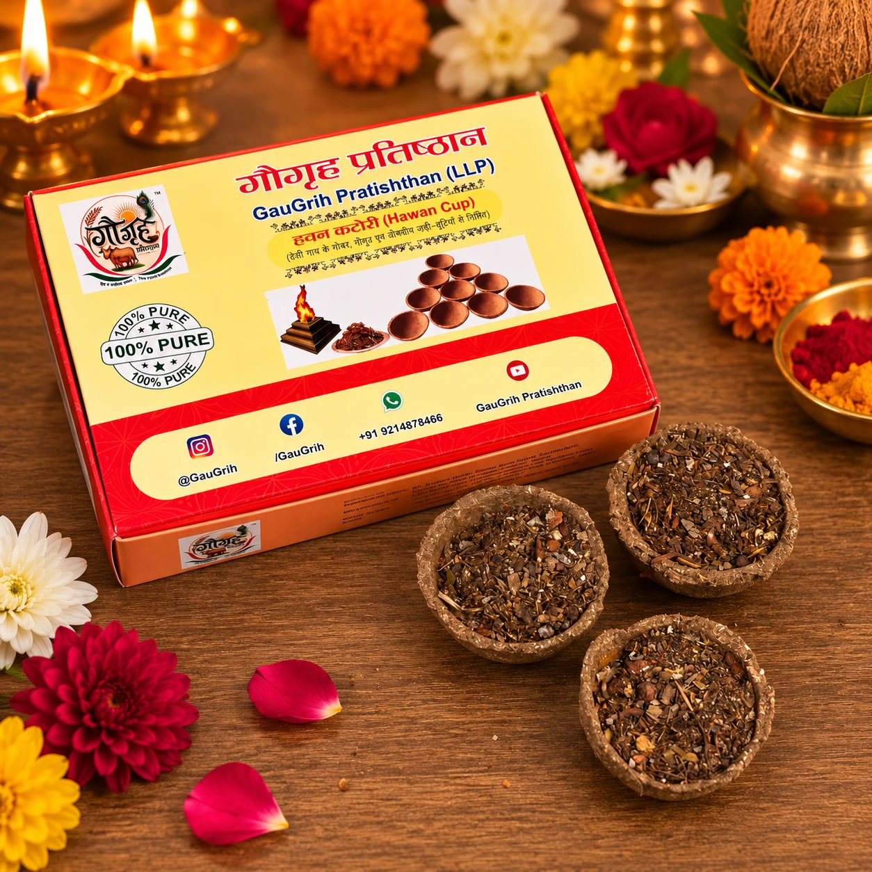 GauGrih Natural Cow Dung Havan Katori | Ready-to-Use Havan Cup | Herbal Pooja & Spiritual Ritual Cup (6 Pieces)